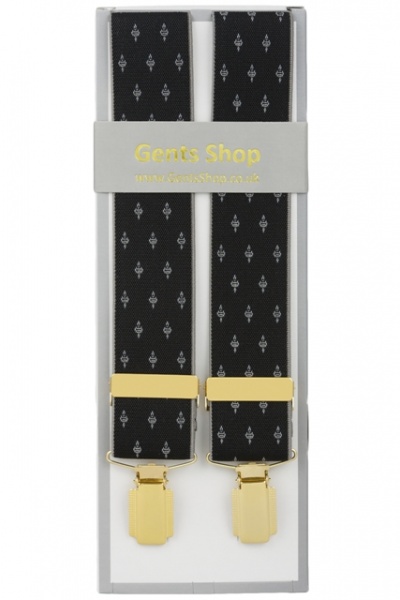 Mens Black Trouser Braces With Small Design Gold Coloured Feather Edged Clips - Gents Shop